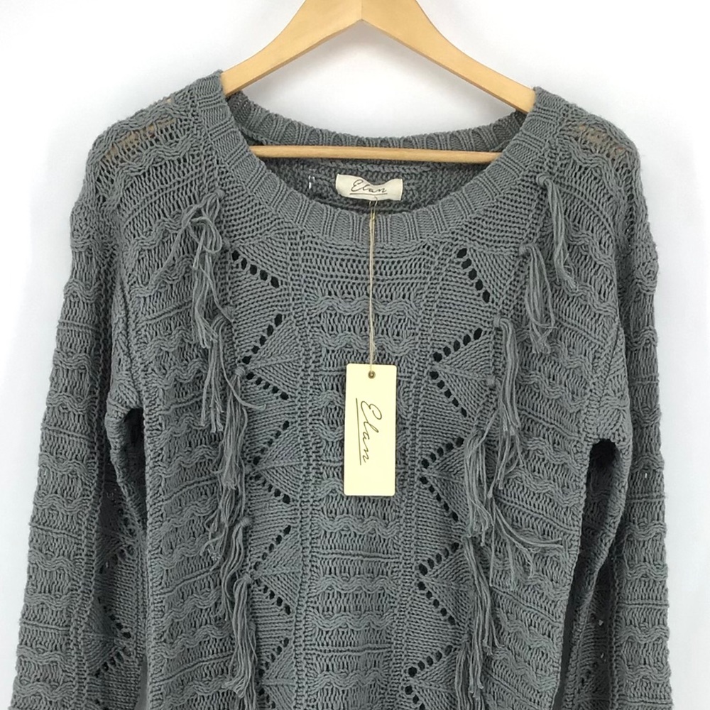 Elan Grey Cable Knit Fringe Tassel Front Sweater - Picture 2 of 6